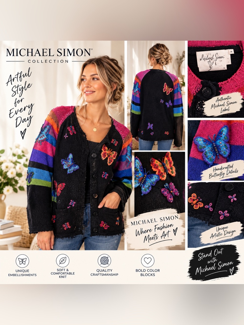 Vintage Michael Simon M Embroidered Butterfly Sweater cardigan-Colorful